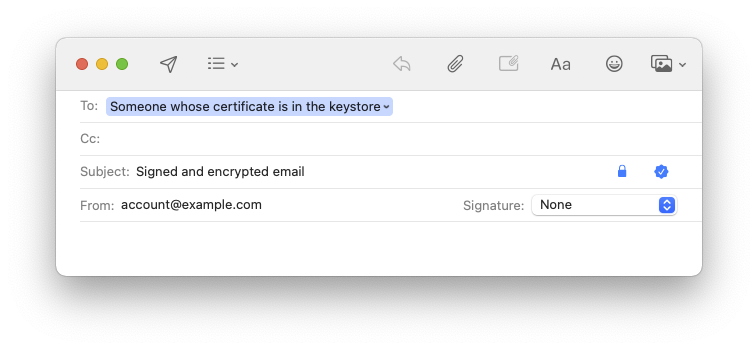 Composing email window with signing and encrypting enabled